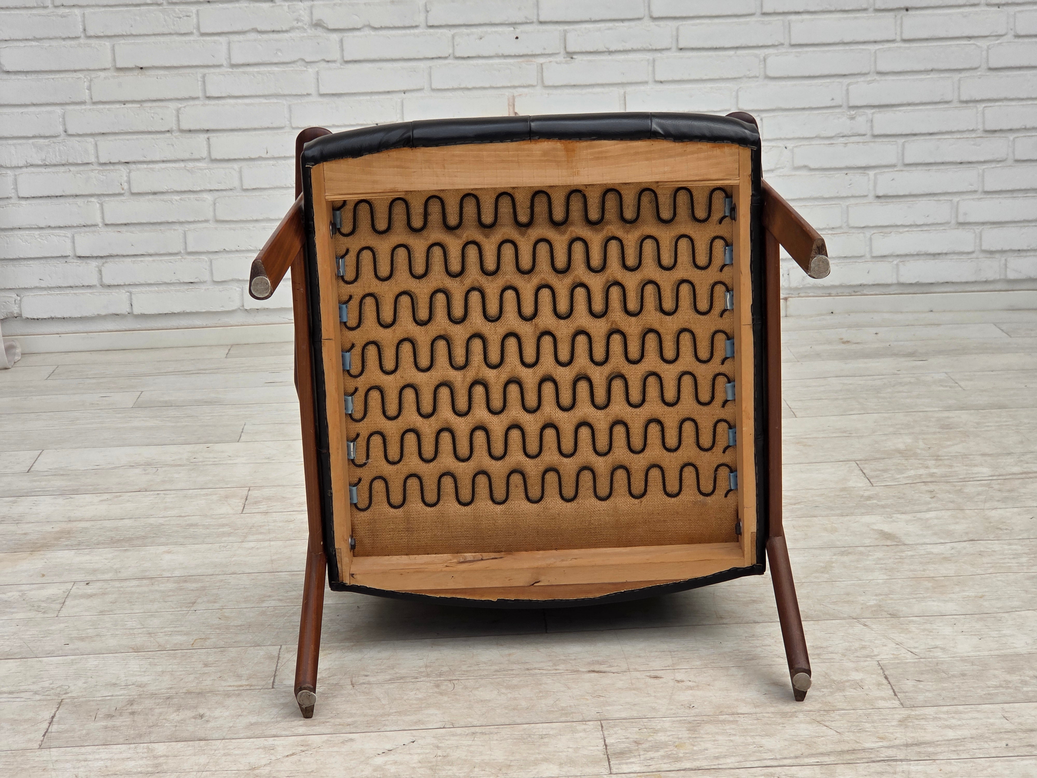 Danish_Armchair_in_Black_Faux_Leather_with_Teak_Legs_and_Armrests,_1970s