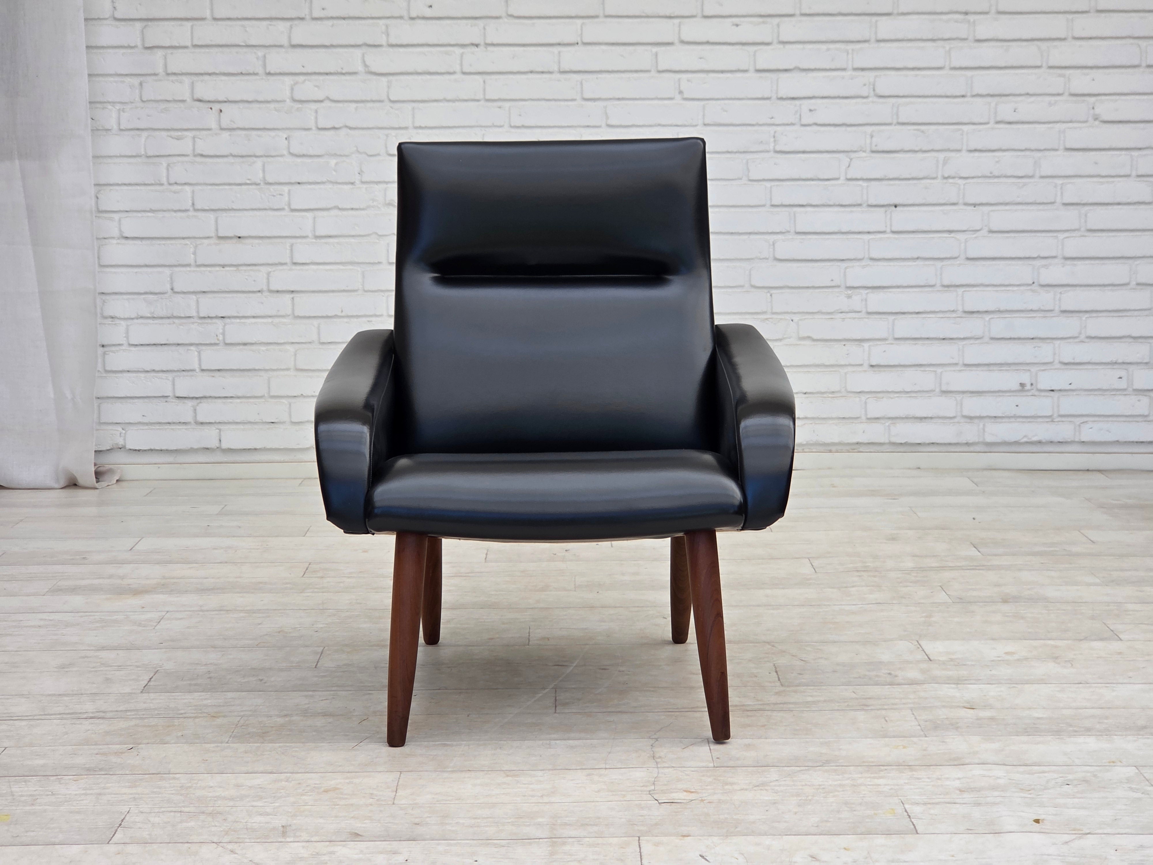 Danish_Black_Faux_Leather_Lounge_Chair_with_Teak_Legs,_1970s