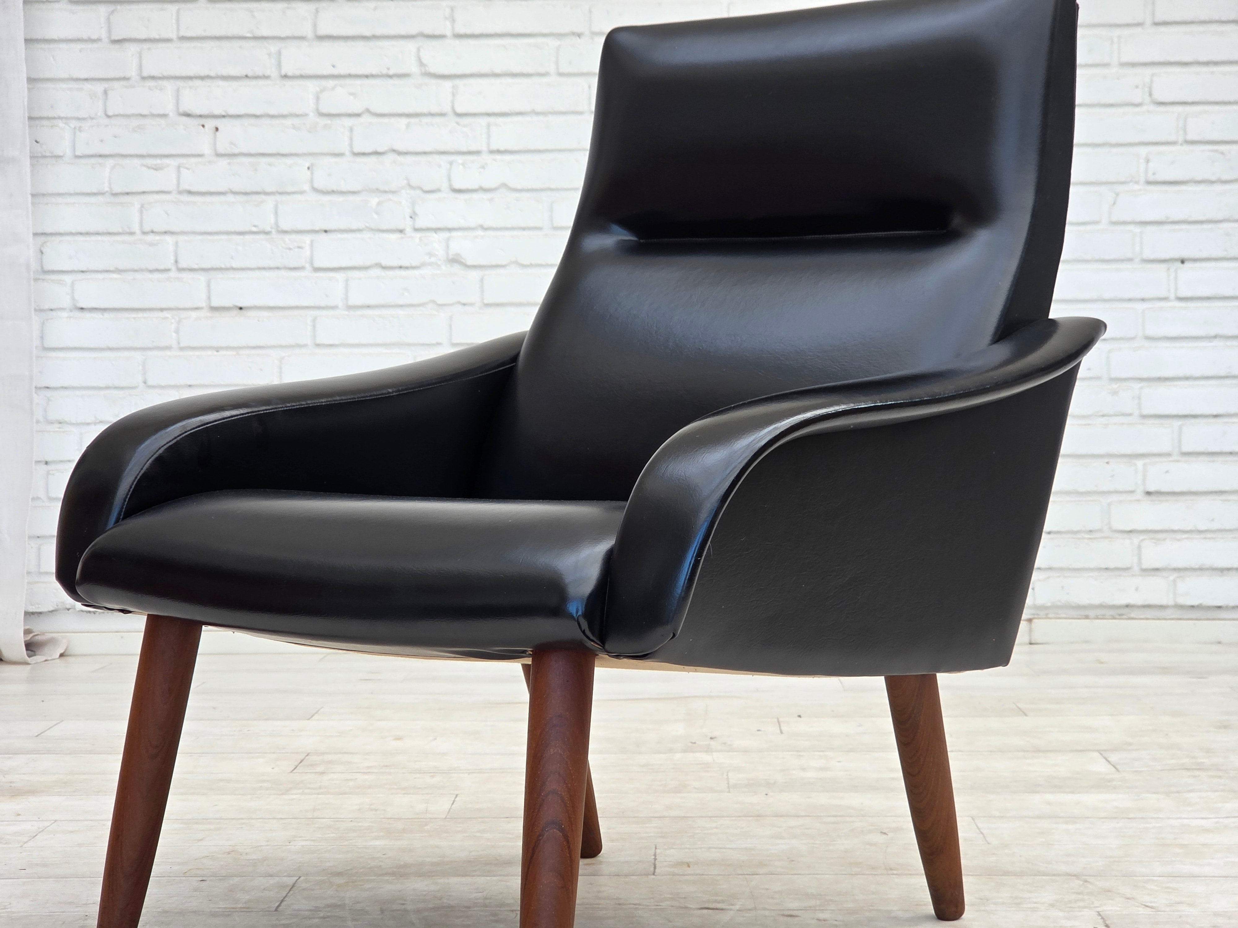Danish_Black_Faux_Leather_Lounge_Chair_with_Teak_Legs,_1970s