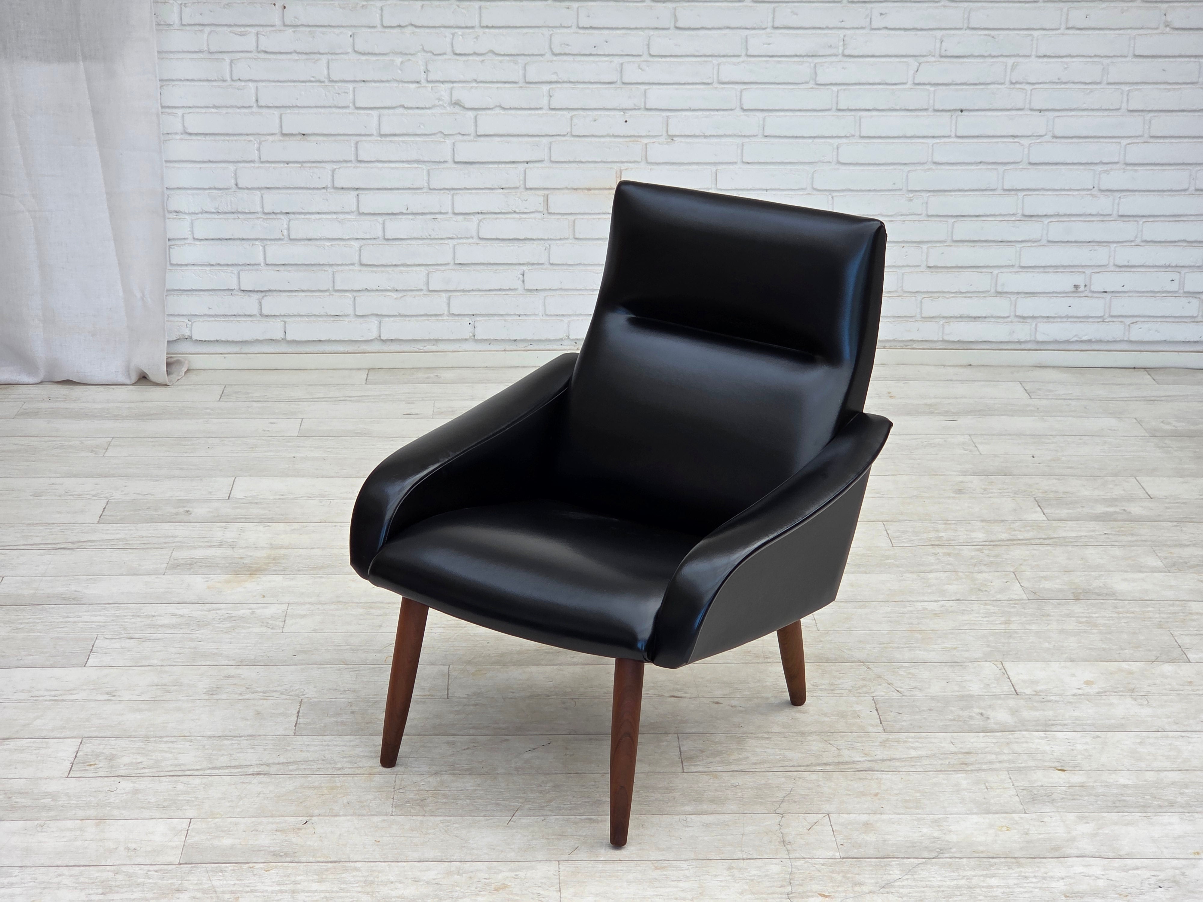 Danish_Black_Faux_Leather_Lounge_Chair_with_Teak_Legs,_1970s