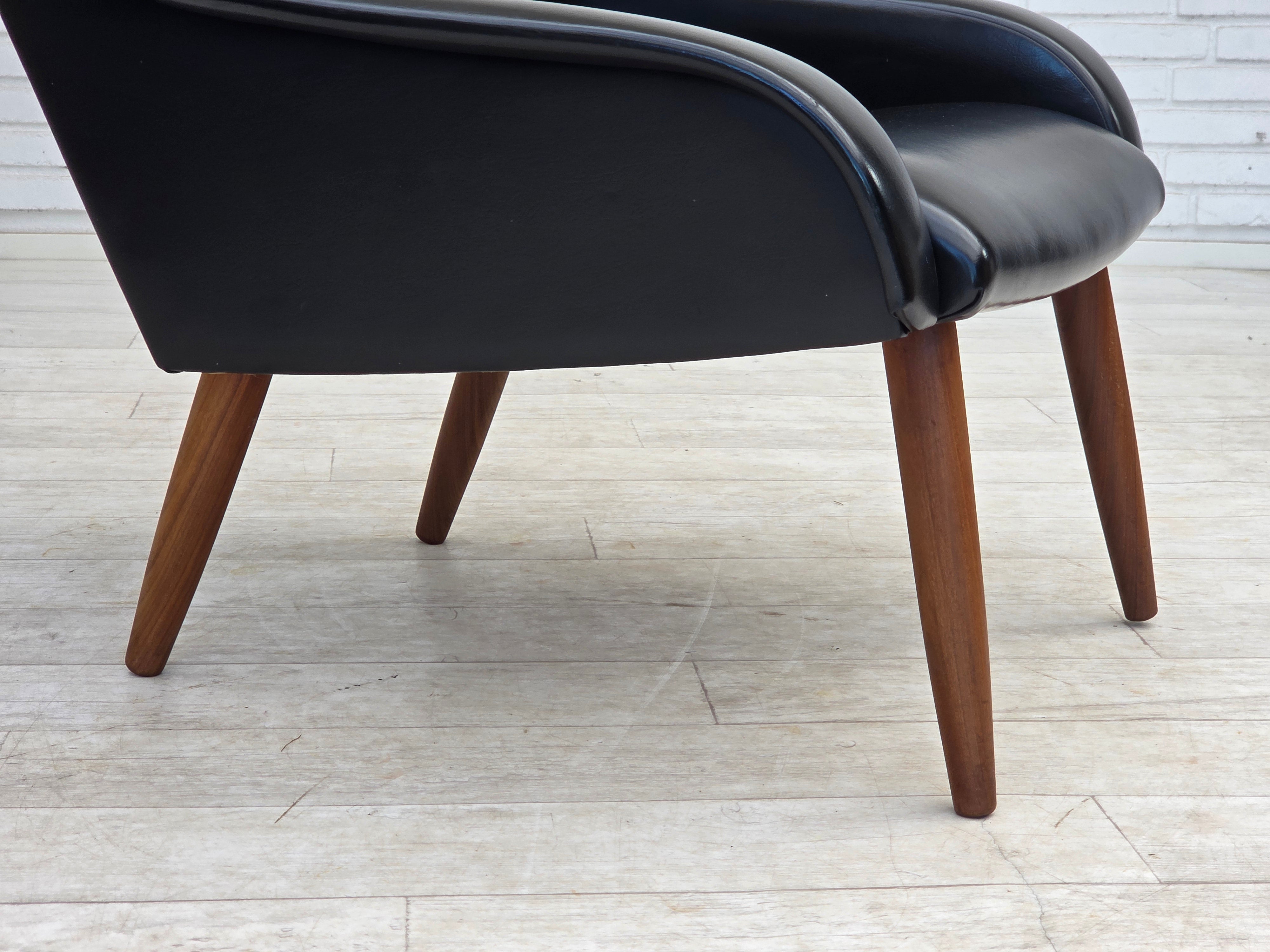 Danish_Black_Faux_Leather_Lounge_Chair_with_Teak_Legs,_1970s