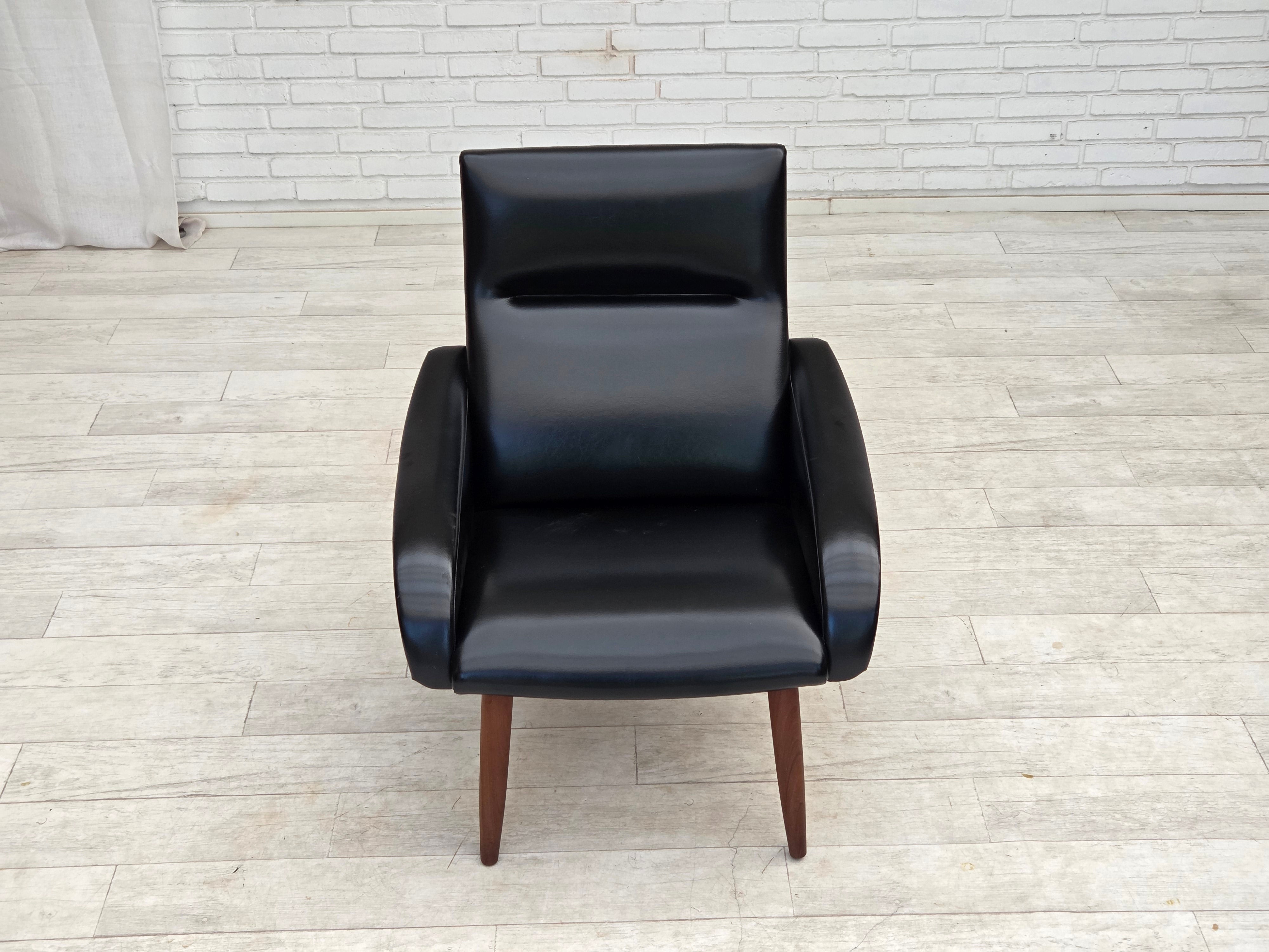 Danish_Black_Faux_Leather_Lounge_Chair_with_Teak_Legs,_1970s