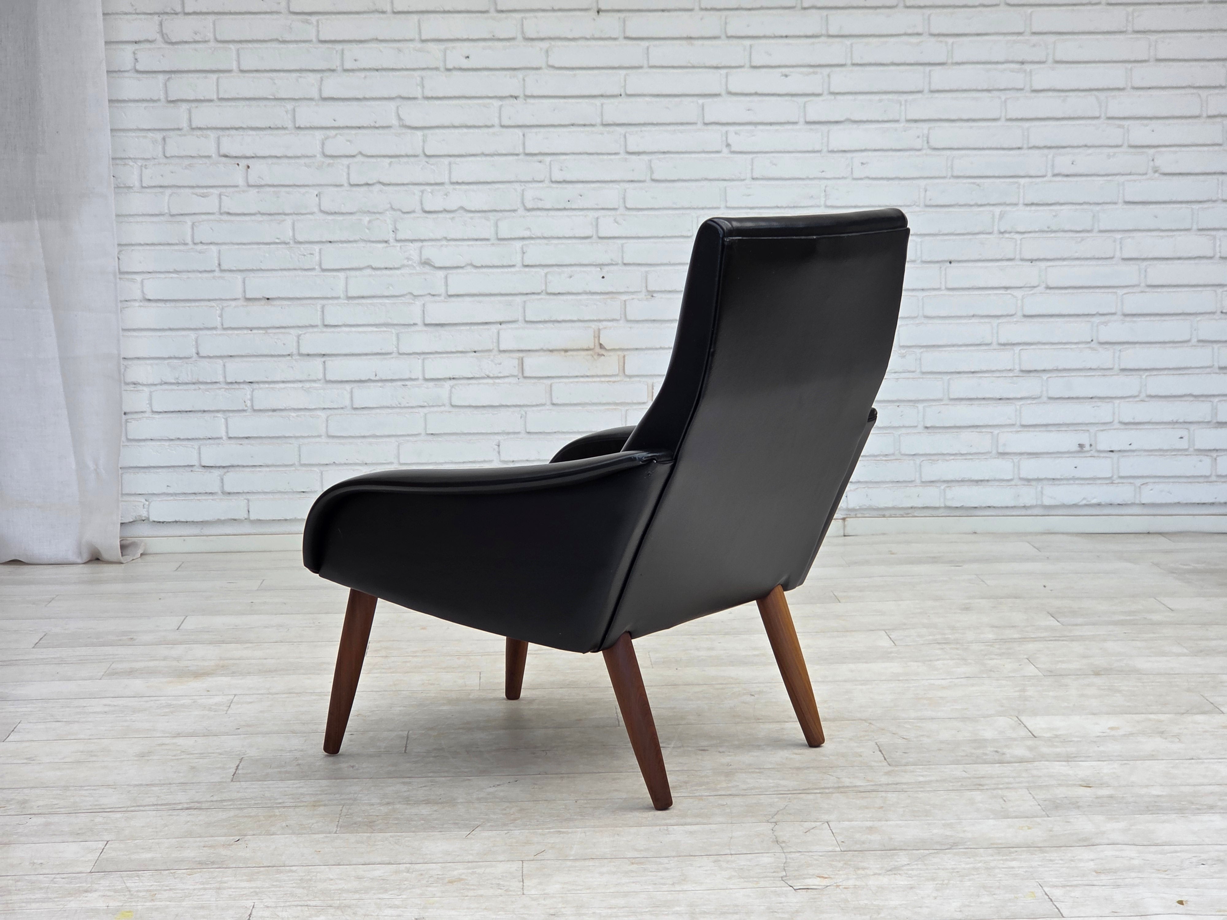 Danish_Black_Faux_Leather_Lounge_Chair_with_Teak_Legs,_1970s
