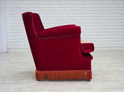 Danish_Armchair_in_Red_Velour_and_Ash_Wood_with_Reversible_Cushion,_Denmark,_1970s