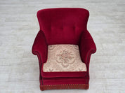 Danish_Armchair_in_Red_Velour_and_Ash_Wood_with_Reversible_Cushion,_Denmark,_1970s