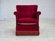 Danish_Armchair_in_Red_Velour_and_Ash_Wood_with_Reversible_Cushion,_Denmark,_1970s