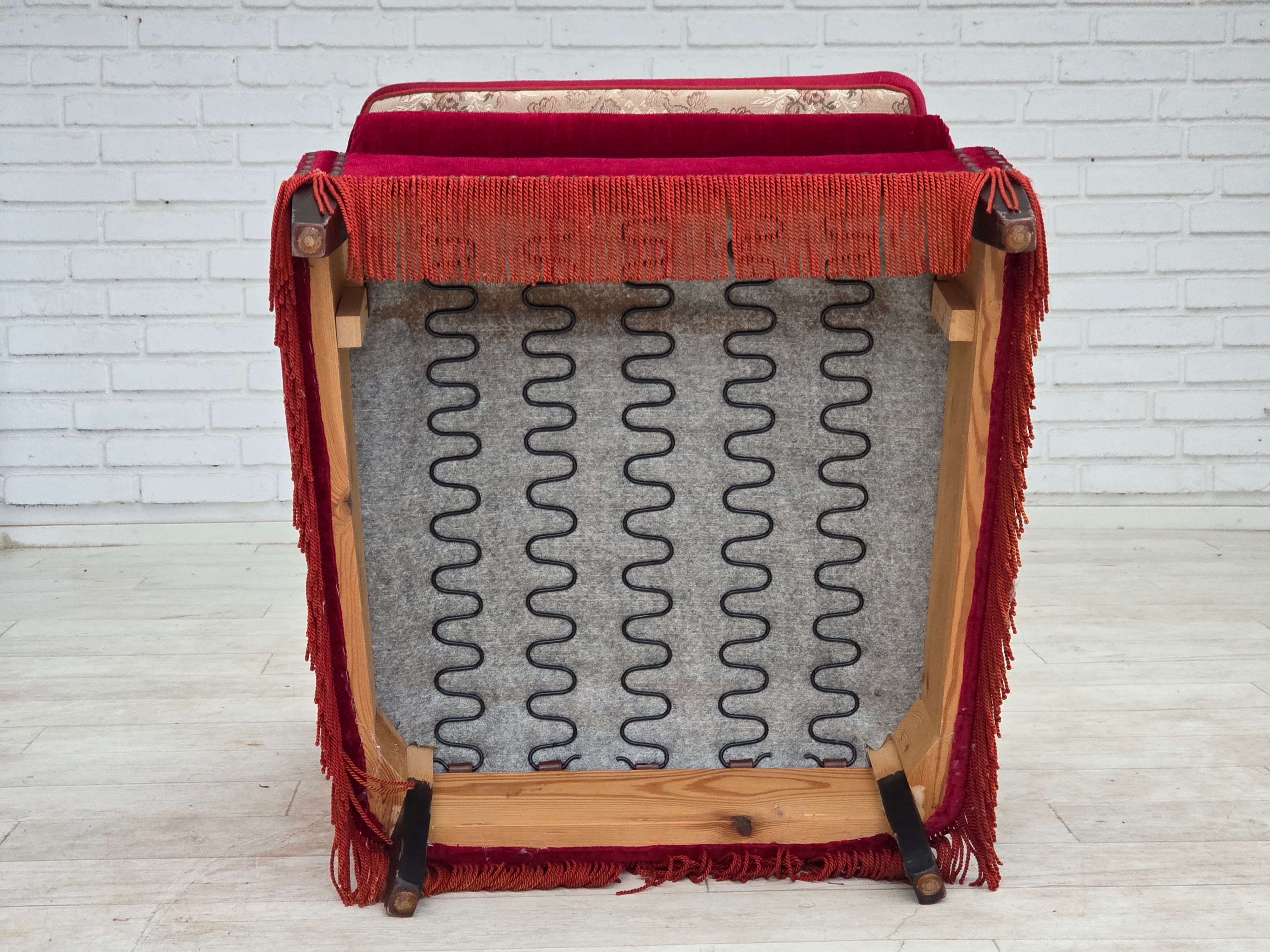 Danish_Armchair_in_Red_Velour_and_Ash_Wood_with_Reversible_Cushion,_Denmark,_1970s
