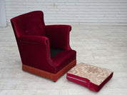 Danish_Armchair_in_Red_Velour_and_Ash_Wood_with_Reversible_Cushion,_Denmark,_1970s