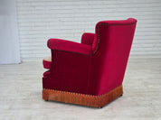 Danish_Armchair_in_Red_Velour_and_Ash_Wood_with_Reversible_Cushion,_Denmark,_1970s