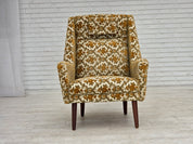 Danish_Highback_Armchair_in_Brown_Beige_Fabric_and_Teak,_Denmark,_1970s