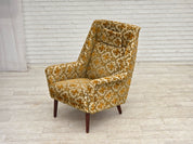 Danish_Highback_Armchair_in_Brown_Beige_Fabric_and_Teak,_Denmark,_1970s