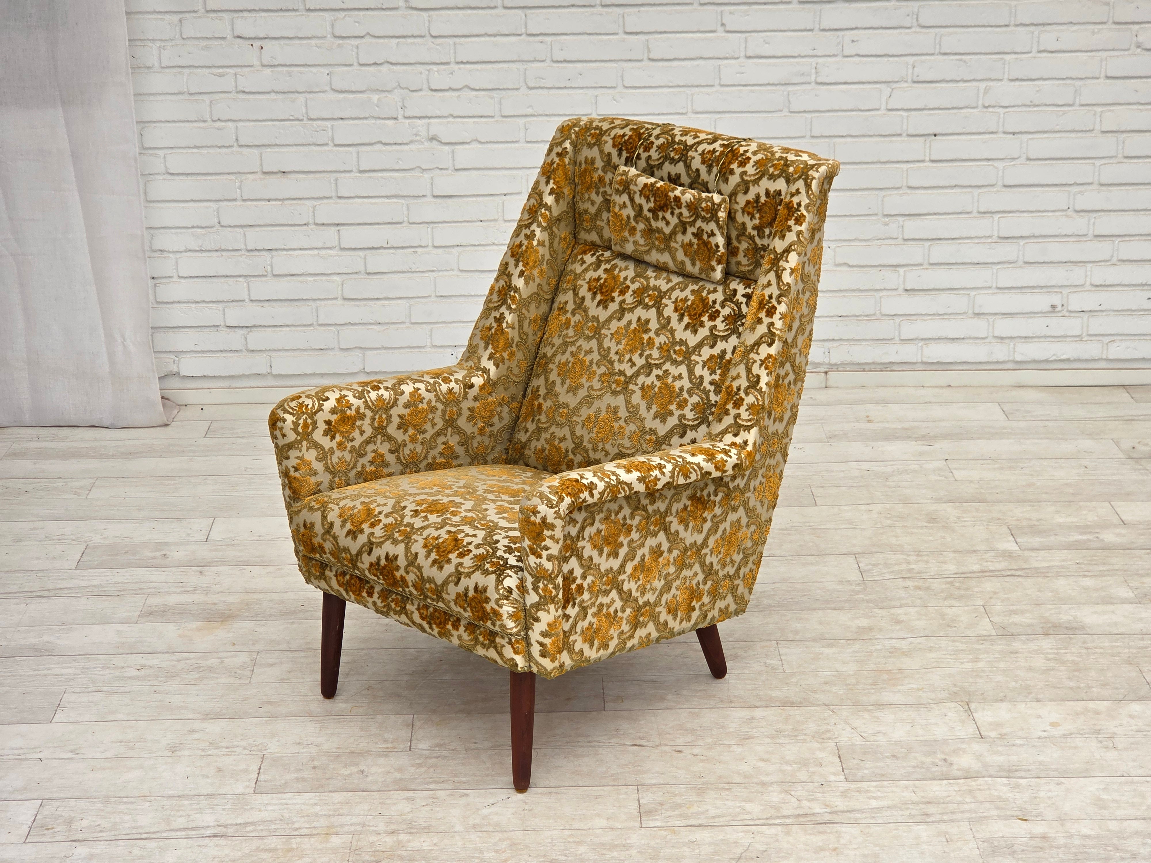 Danish_Highback_Armchair_in_Brown_Beige_Fabric_and_Teak,_Denmark,_1970s