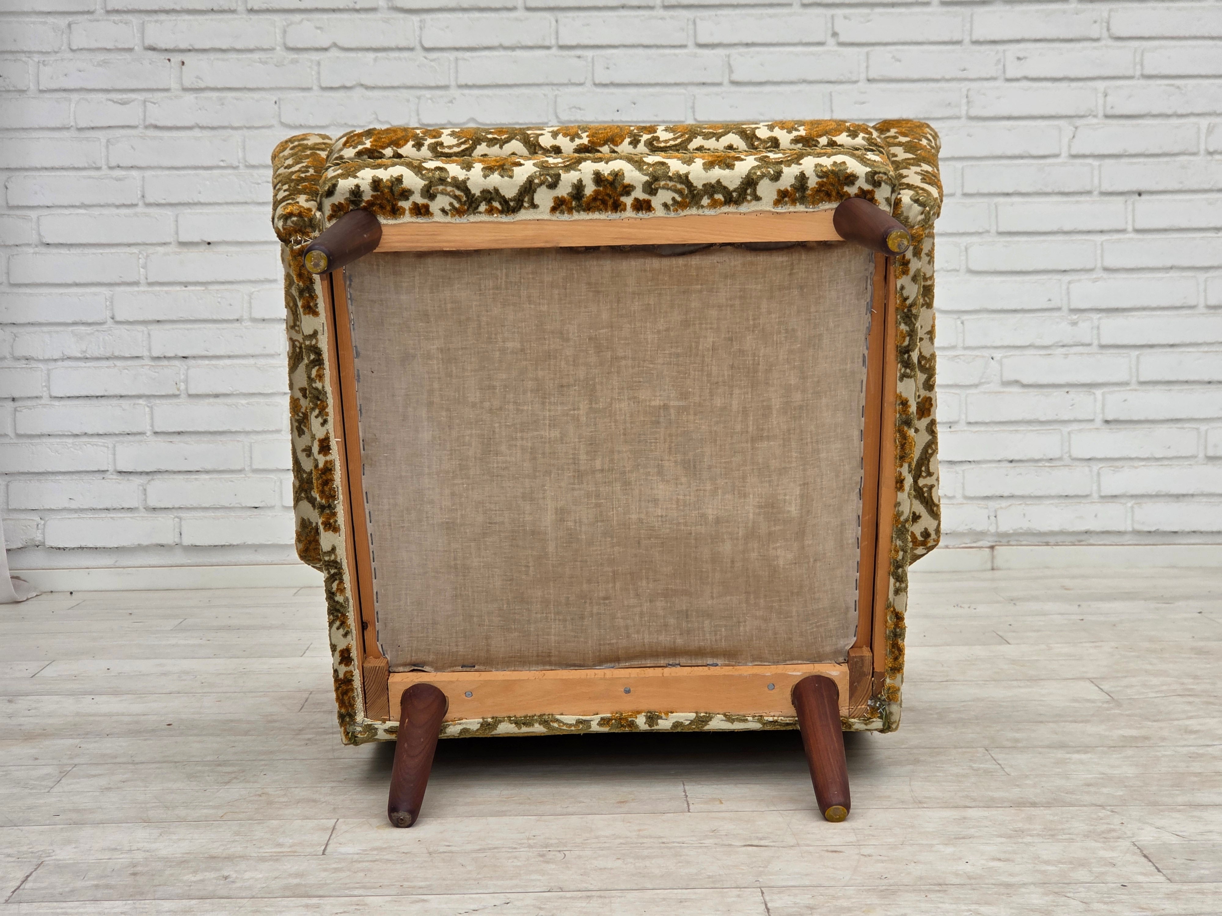 Danish_Highback_Armchair_in_Brown_Beige_Fabric_and_Teak,_Denmark,_1970s