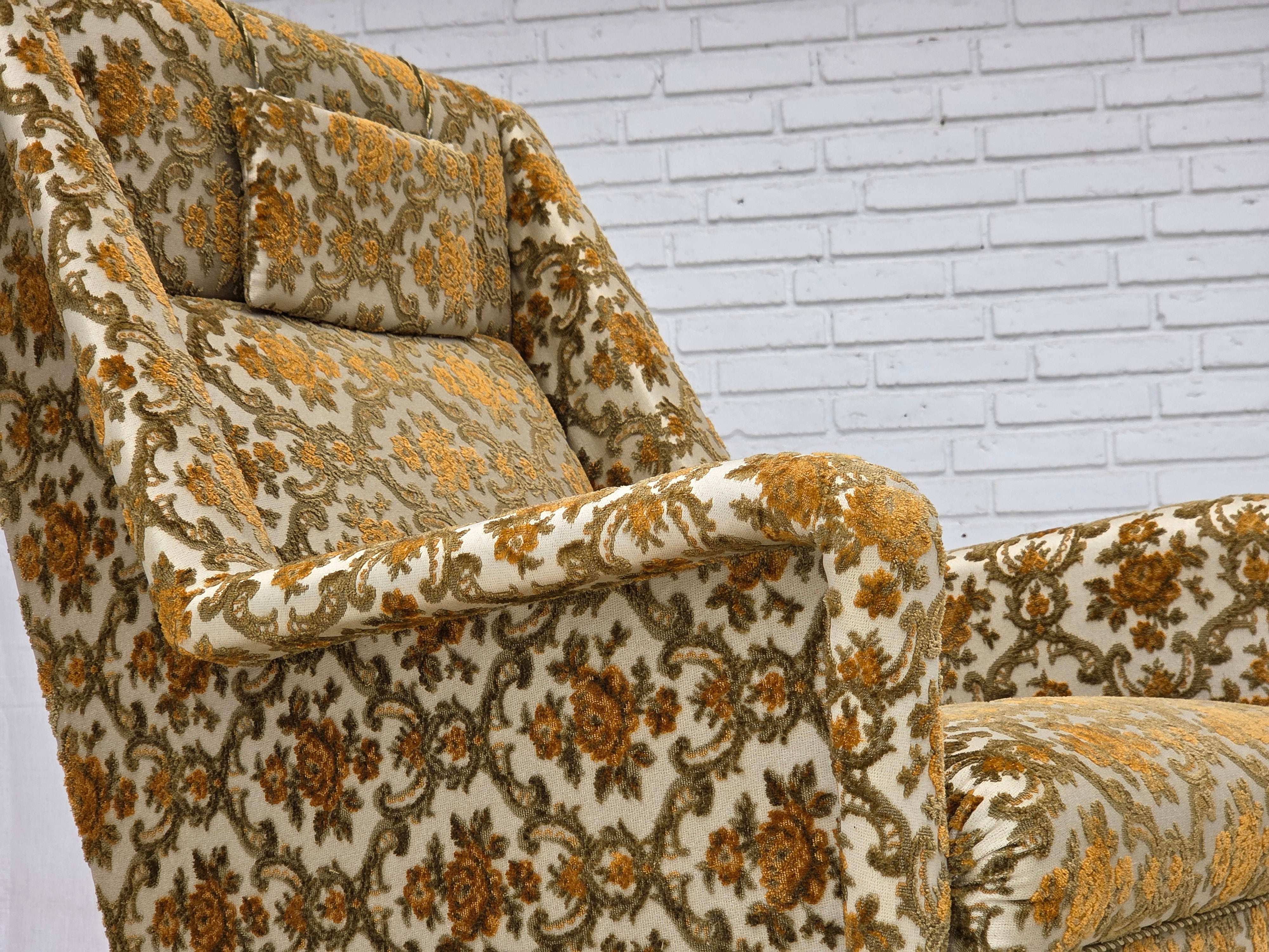 Danish_Highback_Armchair_in_Brown_Beige_Fabric_and_Teak,_Denmark,_1970s