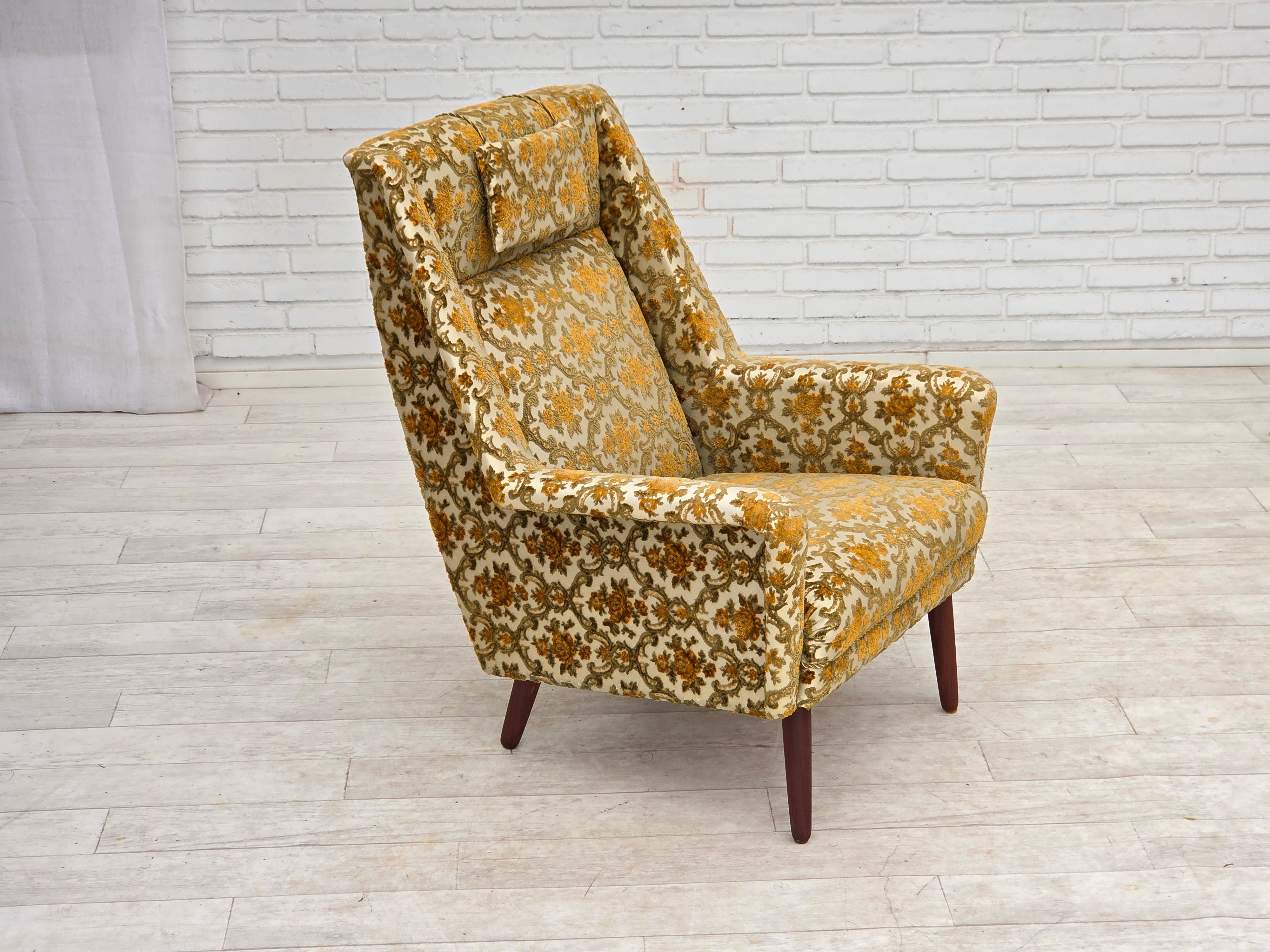 Danish_Highback_Armchair_in_Brown_Beige_Fabric_and_Teak,_Denmark,_1970s