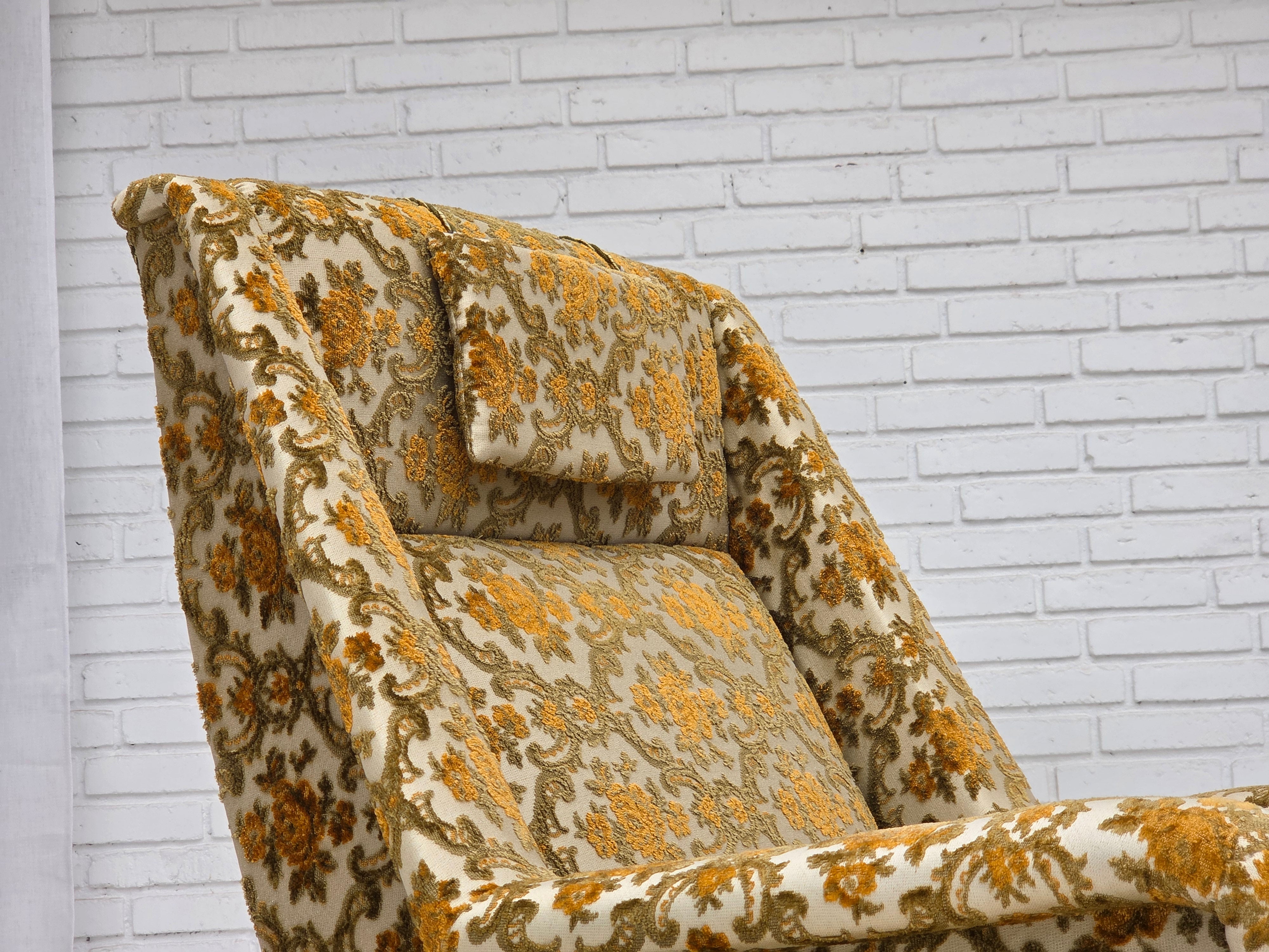 Danish_Highback_Armchair_in_Brown_Beige_Fabric_and_Teak,_Denmark,_1970s