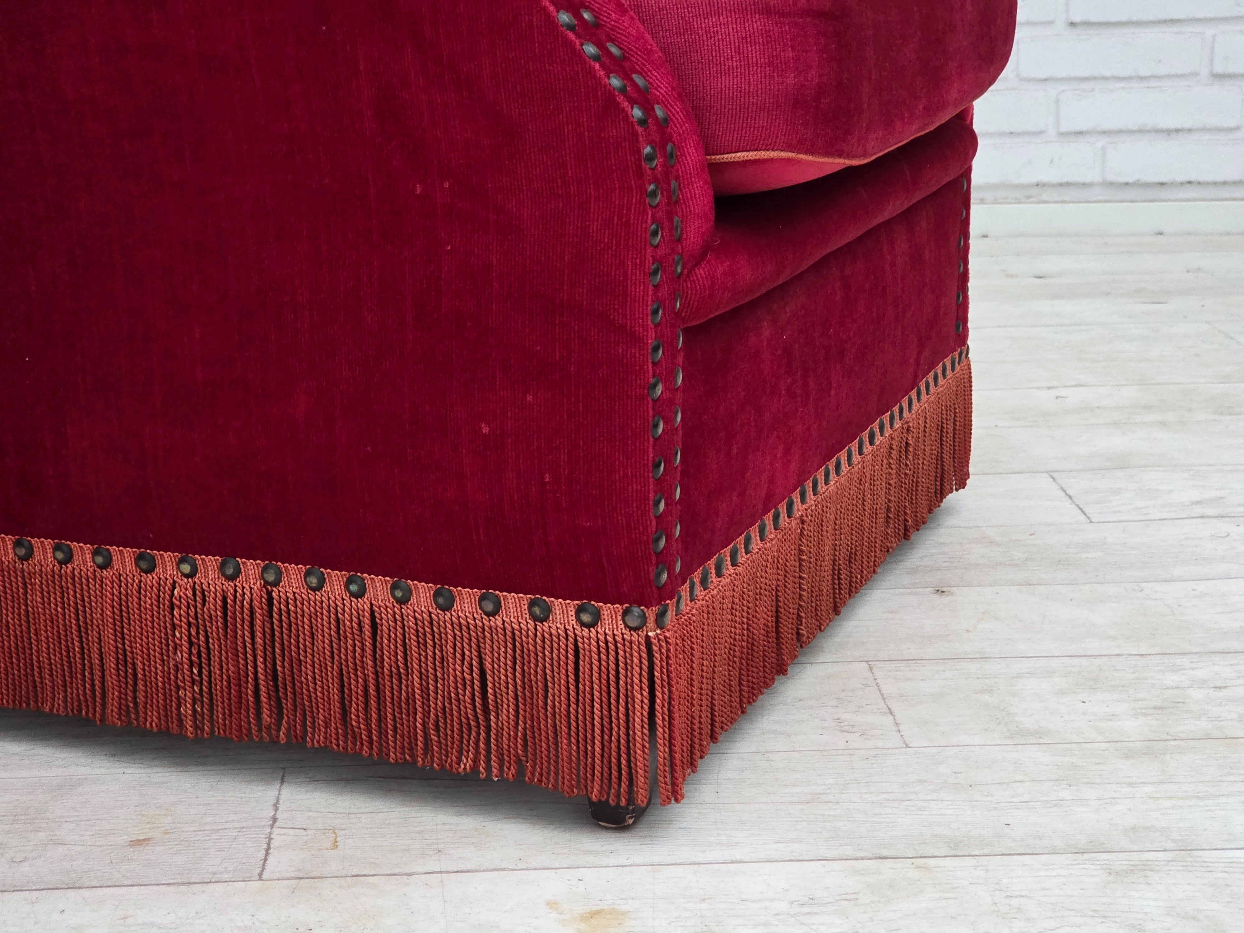 Danish_Highback_Armchair_in_Red_Velour_and_Ash_Wood_with_Reversible_Cushion,_Denmark,_1970s