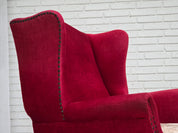 Danish_Highback_Armchair_in_Red_Velour_and_Ash_Wood_with_Reversible_Cushion,_Denmark,_1970s
