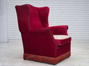 Danish_Highback_Armchair_in_Red_Velour_and_Ash_Wood_with_Reversible_Cushion,_Denmark,_1970s