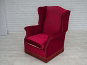 Danish_Highback_Armchair_in_Red_Velour_and_Ash_Wood_with_Reversible_Cushion,_Denmark,_1970s