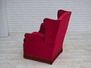 Danish_Highback_Armchair_in_Red_Velour_and_Ash_Wood_with_Reversible_Cushion,_Denmark,_1970s