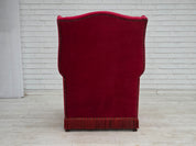 Danish_Highback_Armchair_in_Red_Velour_and_Ash_Wood_with_Reversible_Cushion,_Denmark,_1970s