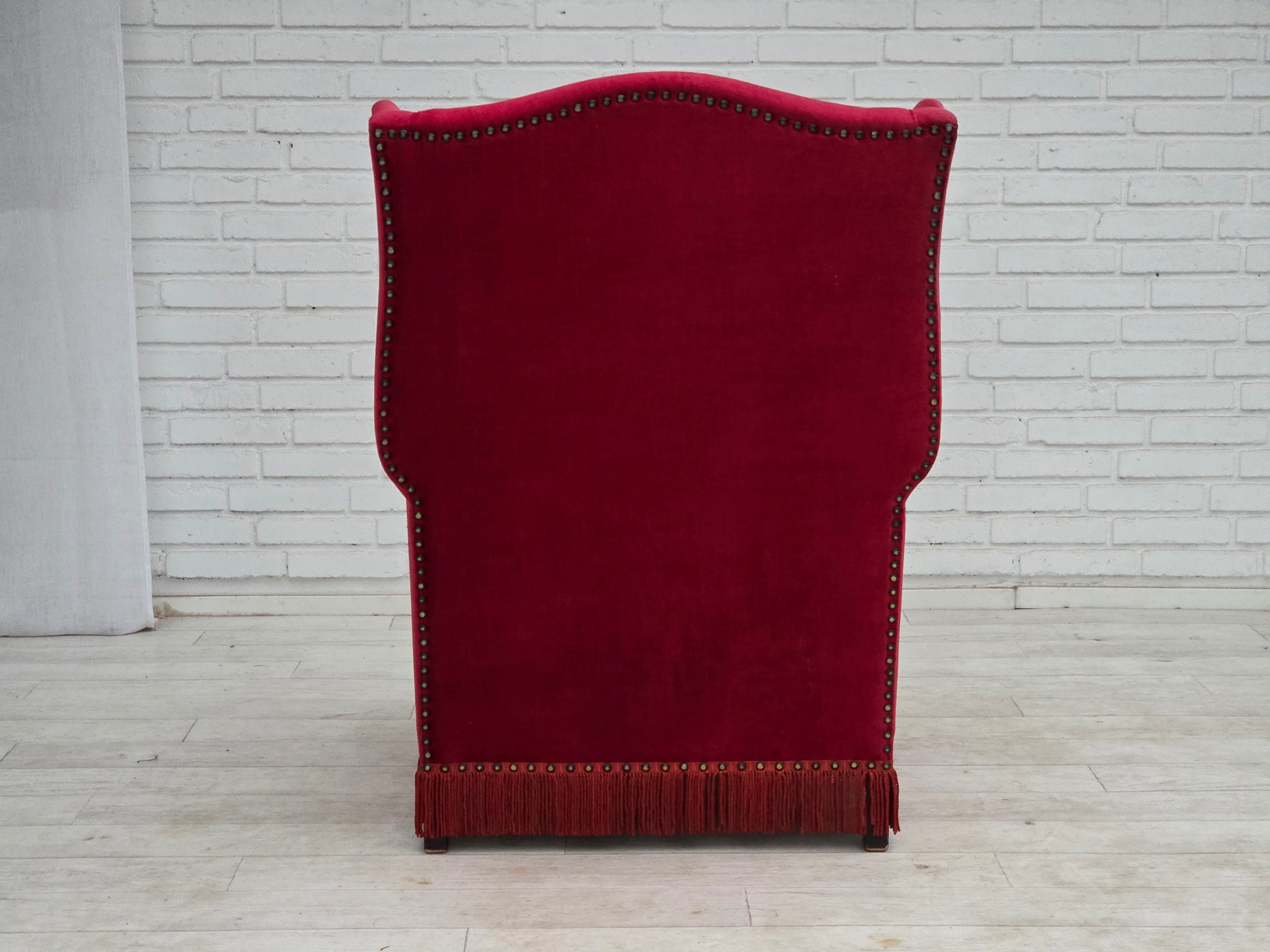 Danish_Highback_Armchair_in_Red_Velour_and_Ash_Wood_with_Reversible_Cushion,_Denmark,_1970s