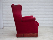 Danish_Highback_Armchair_in_Red_Velour_and_Ash_Wood_with_Reversible_Cushion,_Denmark,_1970s