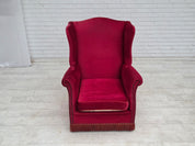 Danish_Highback_Armchair_in_Red_Velour_and_Ash_Wood_with_Reversible_Cushion,_Denmark,_1970s