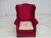 Danish_Highback_Armchair_in_Red_Velour_and_Ash_Wood_with_Reversible_Cushion,_Denmark,_1970s