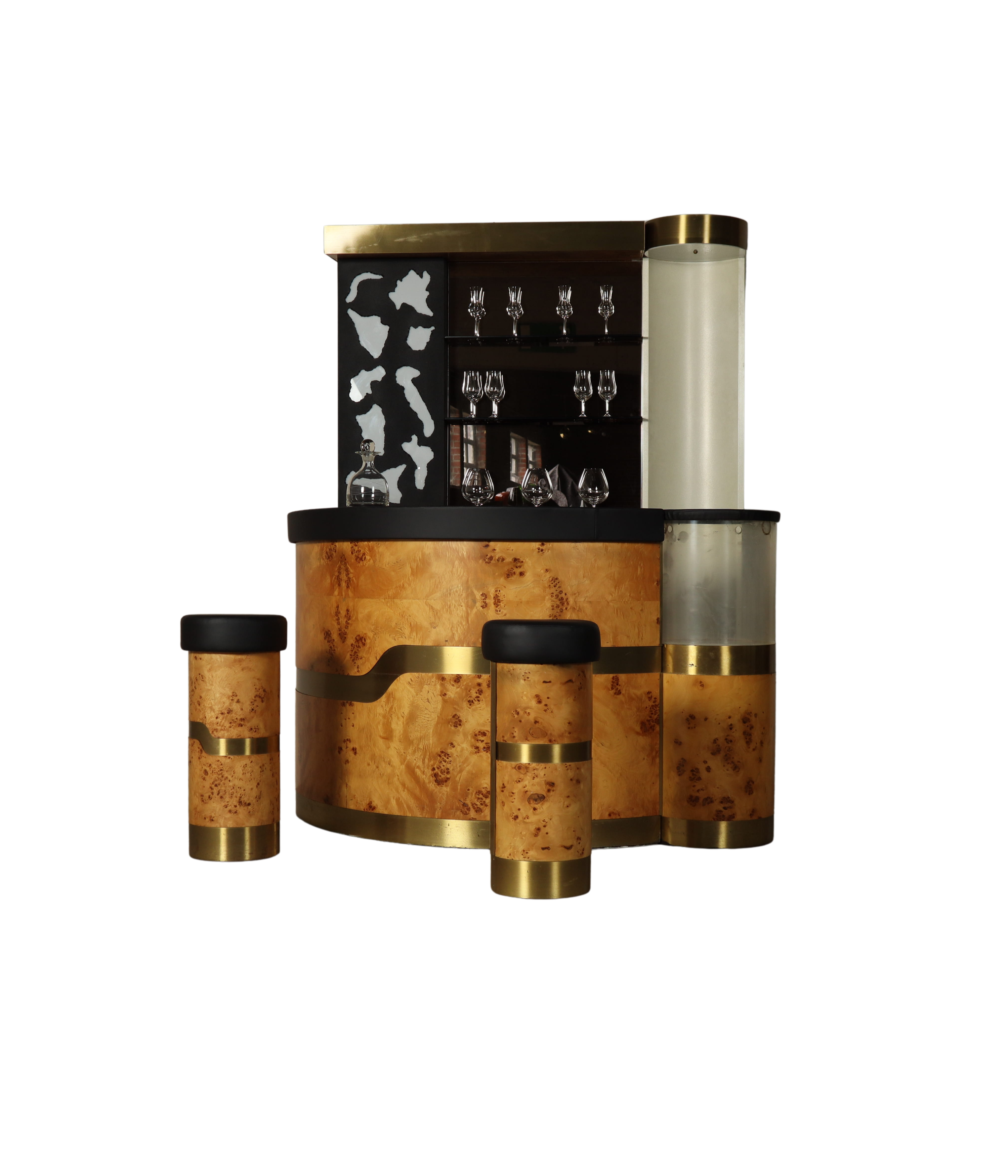 1970s_Italian_Cocktail_Bar_with_Burl_Wood_Veneer,_Illuminated_Back_Bar,_Aquarium_and_2_Matching_Stools