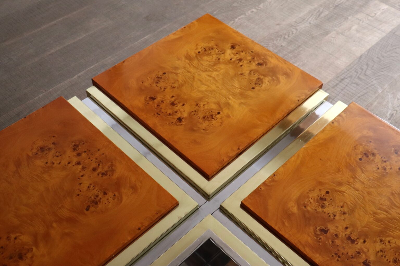 1970s_Italian_Coffee_Table_in_Walnut_Burl,_Chrome_and_Brass,_Willy_Rizzo_Style
