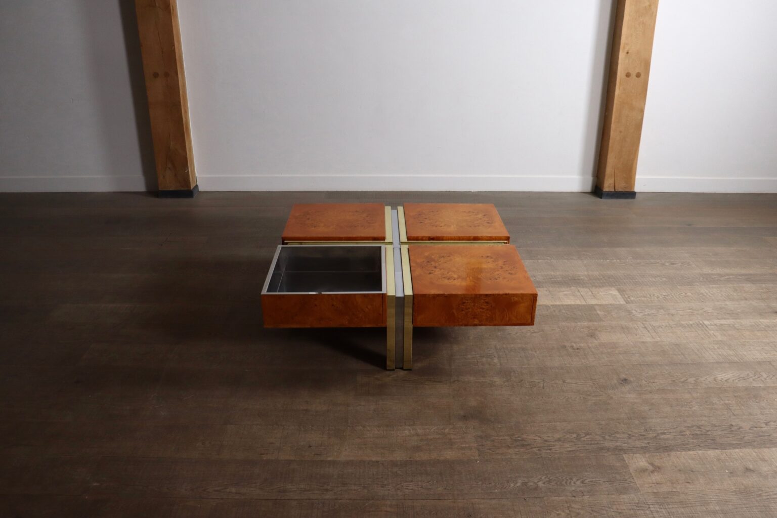 1970s_Italian_Coffee_Table_in_Walnut_Burl,_Chrome_and_Brass,_Willy_Rizzo_Style
