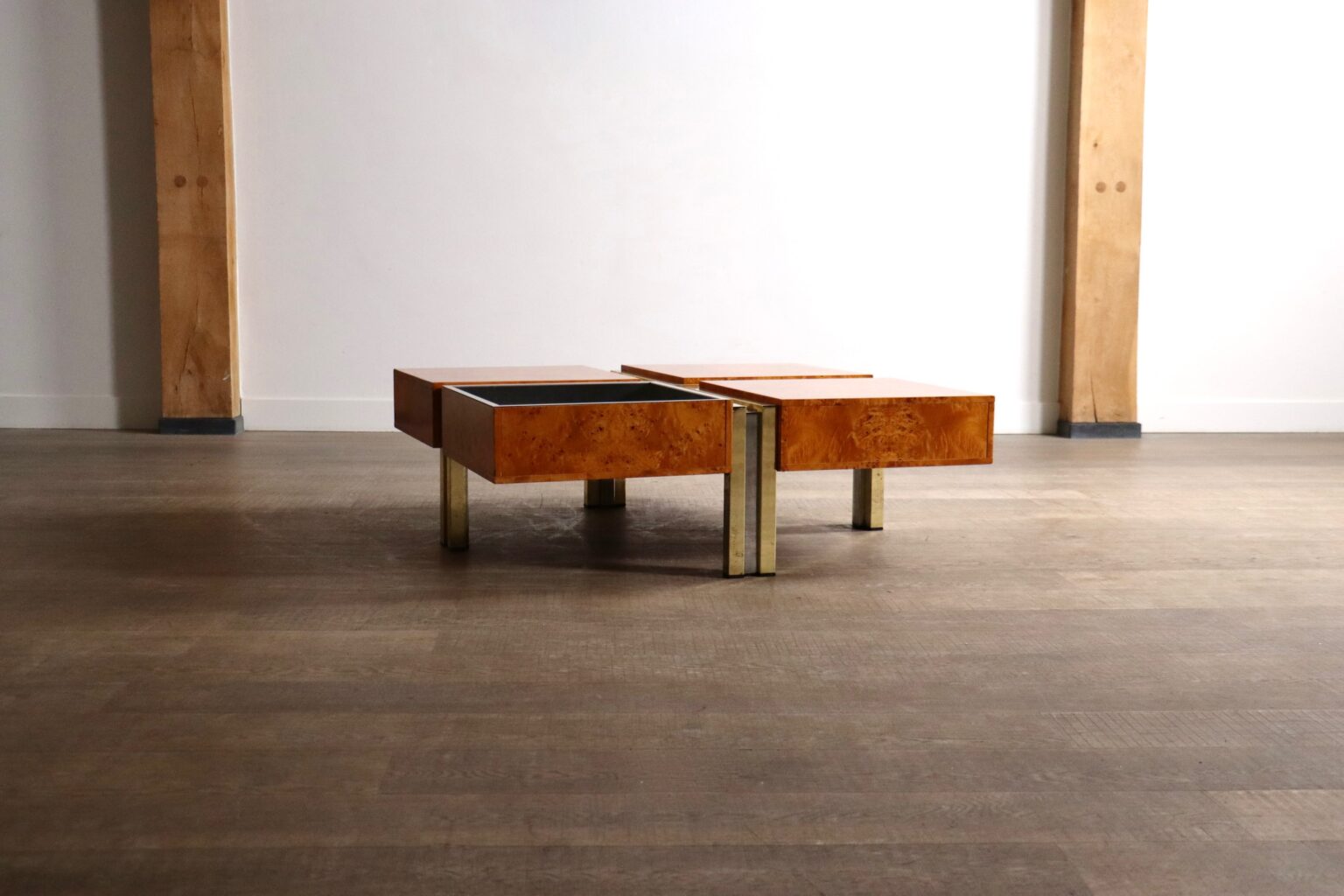 1970s_Italian_Coffee_Table_in_Walnut_Burl,_Chrome_and_Brass,_Willy_Rizzo_Style