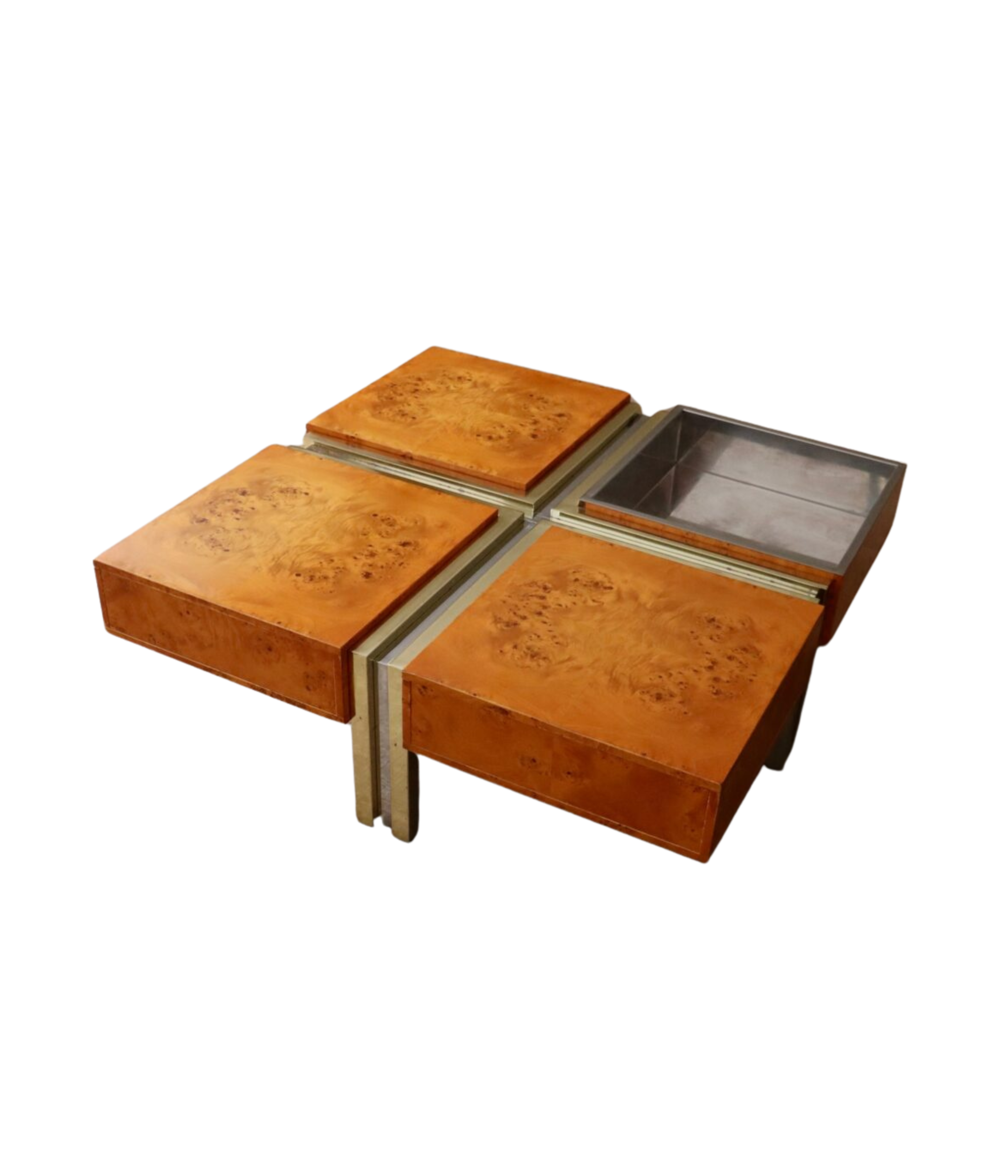 1970s_Italian_Coffee_Table_in_Walnut_Burl,_Chrome_and_Brass,_Willy_Rizzo_Style