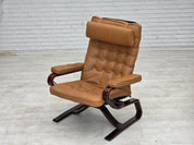Norwegian_Mid-Century_Modern_Adjustable_Bentwood_Lounge_Chair_with_Light_Brown_Leather_and_Canvas,_1970s