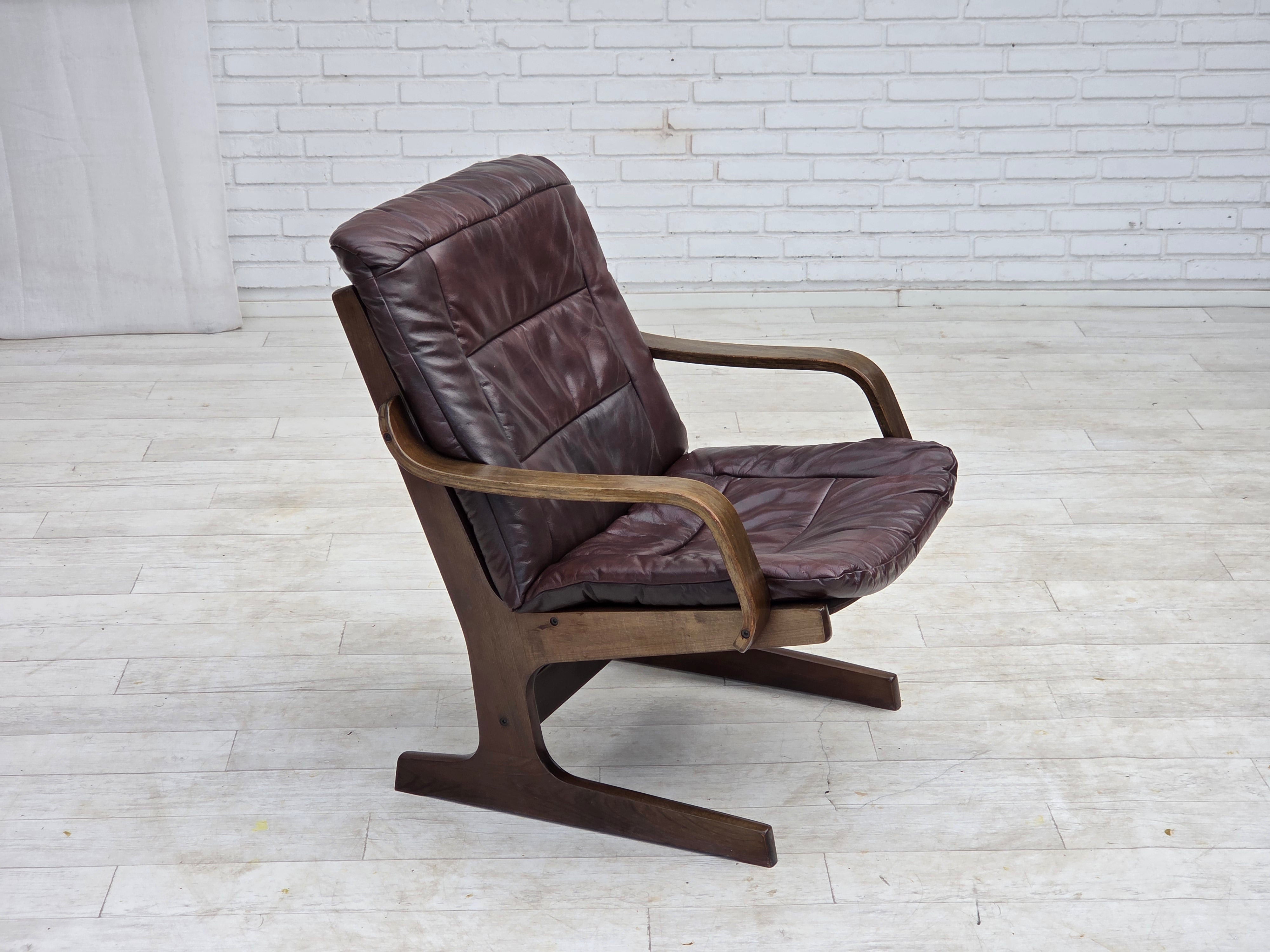 1970s_Scandinavian_Brown_Leather,_Beech_and_Canvas_Lounge_Armchair,_Denmark