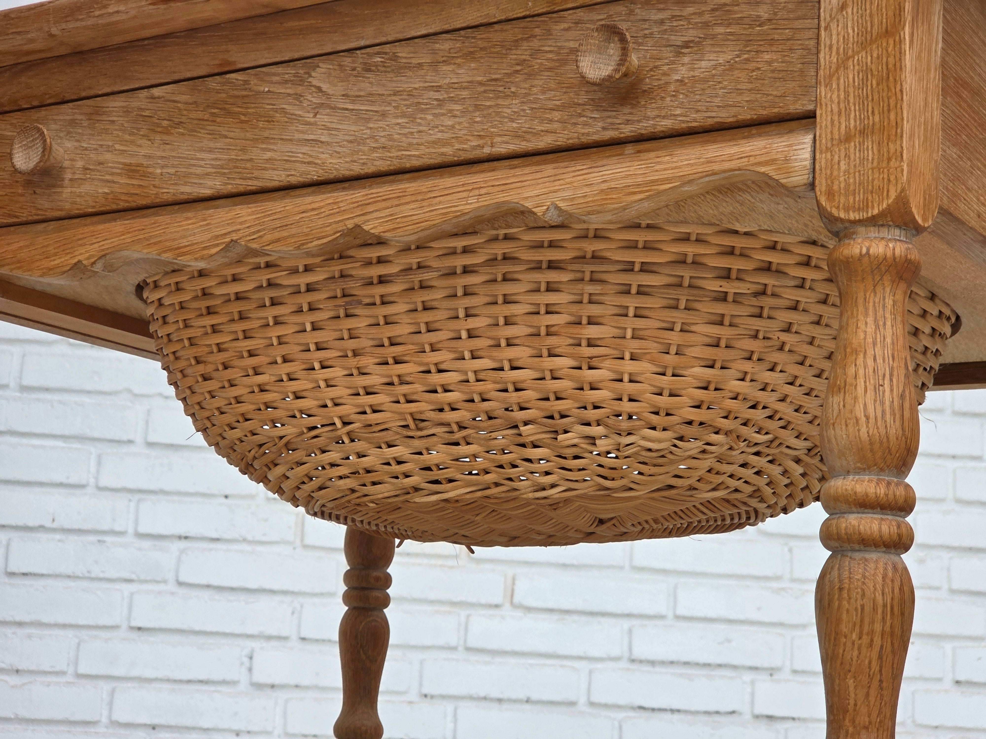 Danish_Mid-Century_Modern_Solid_Oak_Table_with_Drawers_and_Rattan_Details,_circa_1965-1970