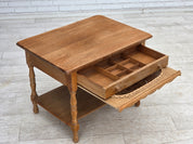Danish_Mid-Century_Modern_Solid_Oak_Table_with_Drawers_and_Rattan_Details,_circa_1965-1970