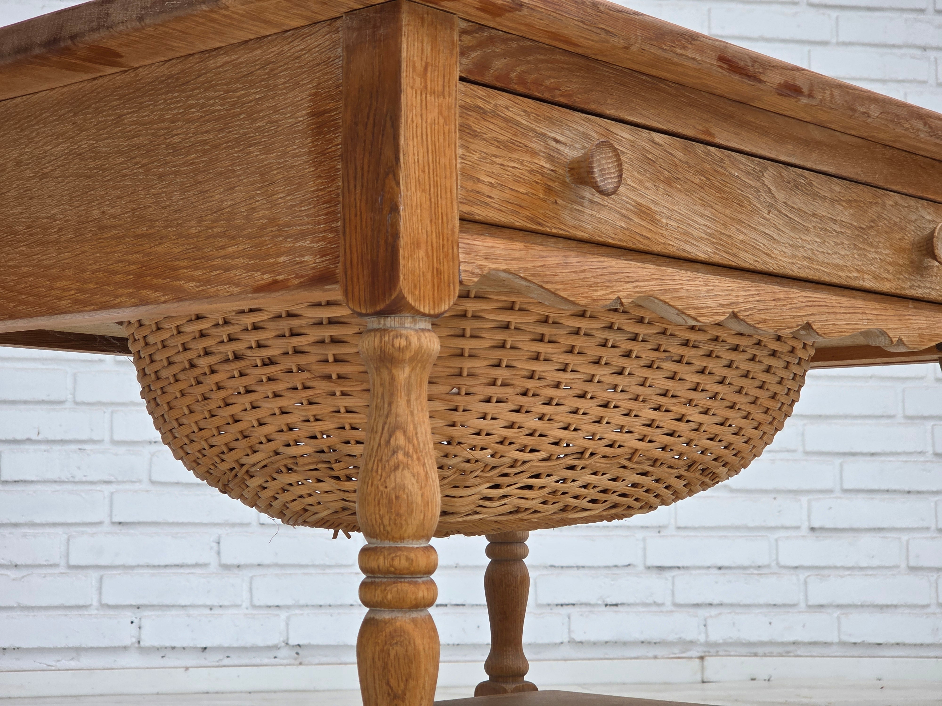 Danish_Mid-Century_Modern_Solid_Oak_Table_with_Drawers_and_Rattan_Details,_circa_1965-1970