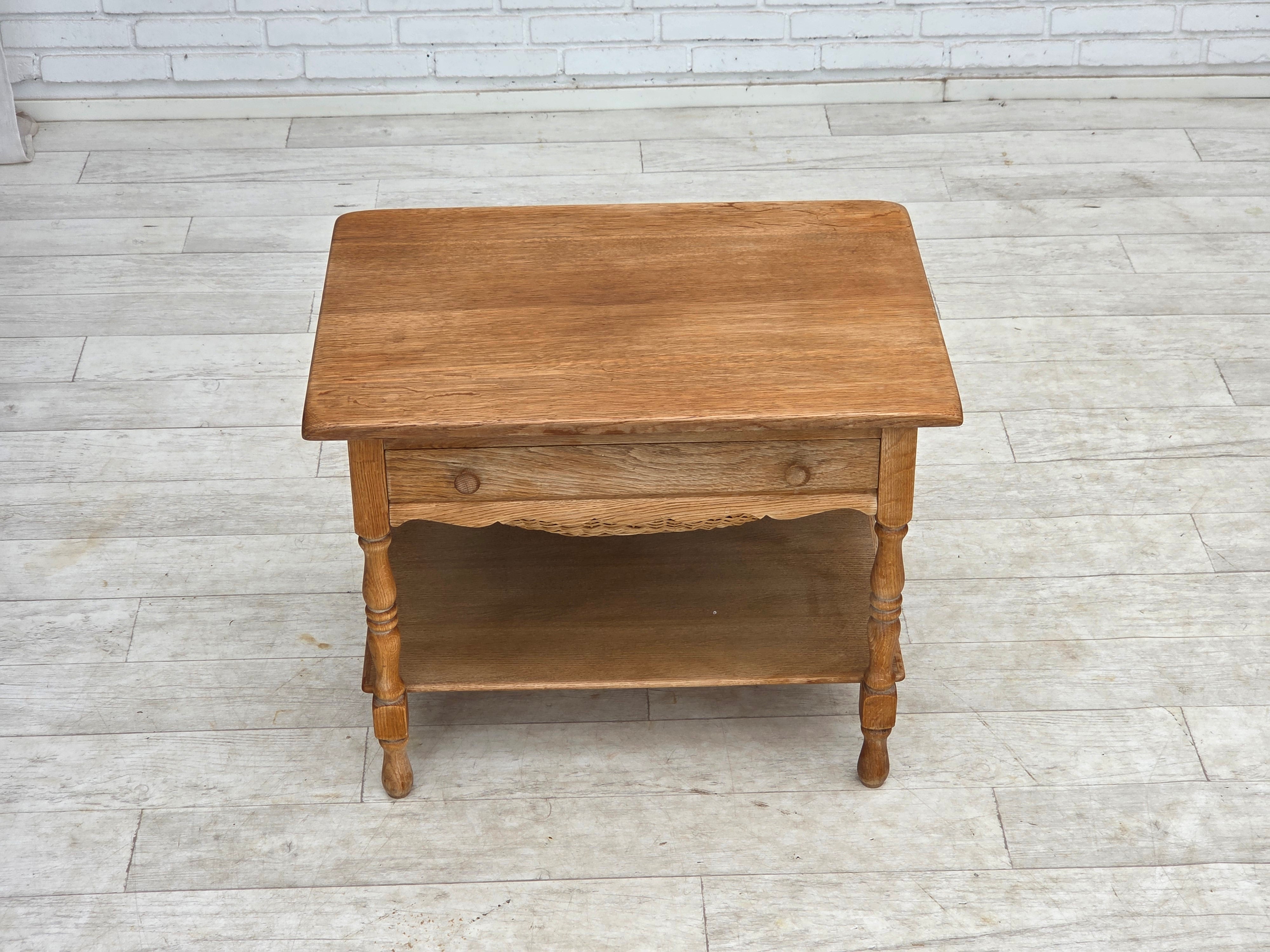 Danish_Mid-Century_Modern_Solid_Oak_Table_with_Drawers_and_Rattan_Details,_circa_1965-1970