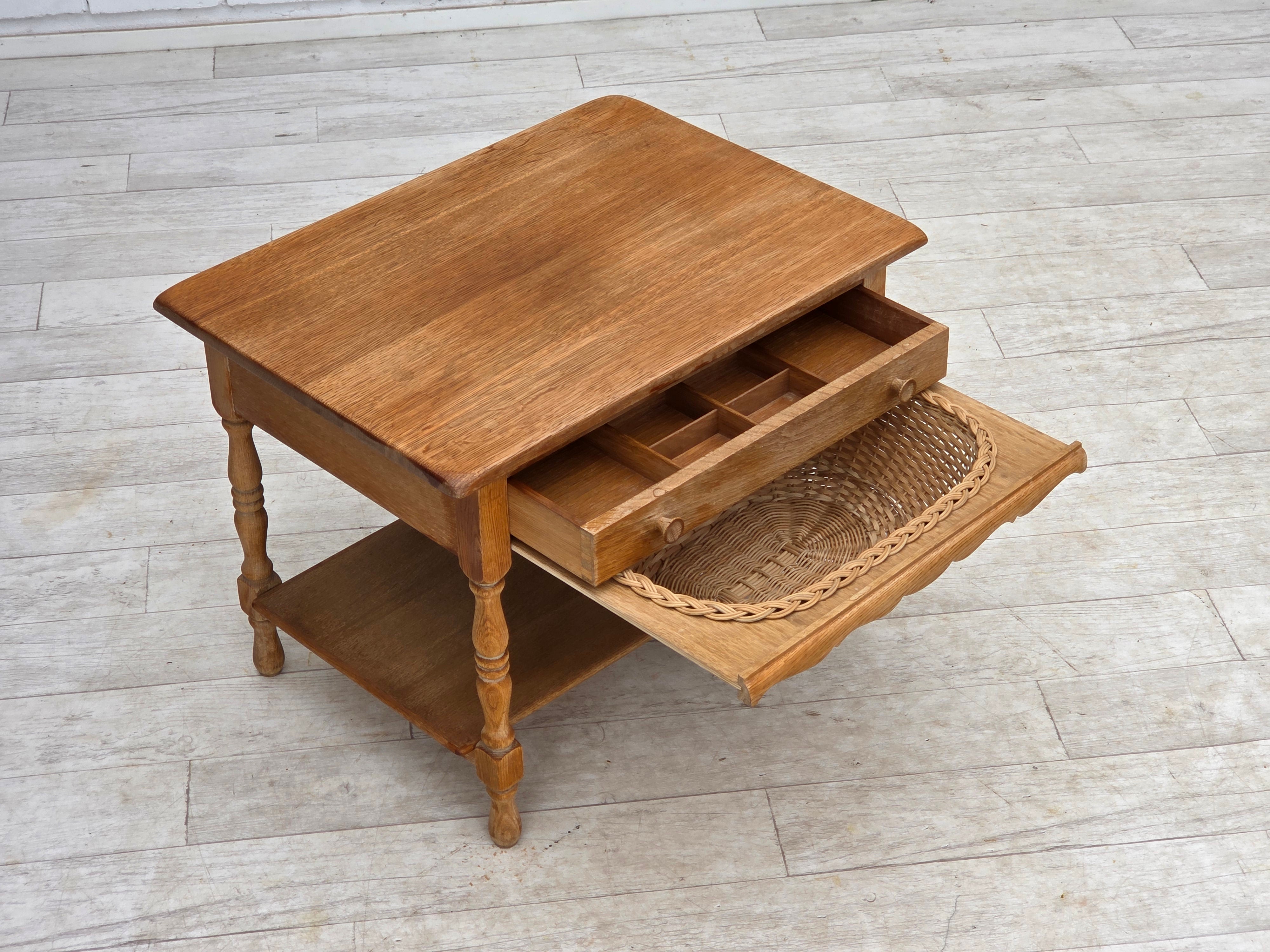 Danish_Mid-Century_Modern_Solid_Oak_Table_with_Drawers_and_Rattan_Details,_circa_1965-1970