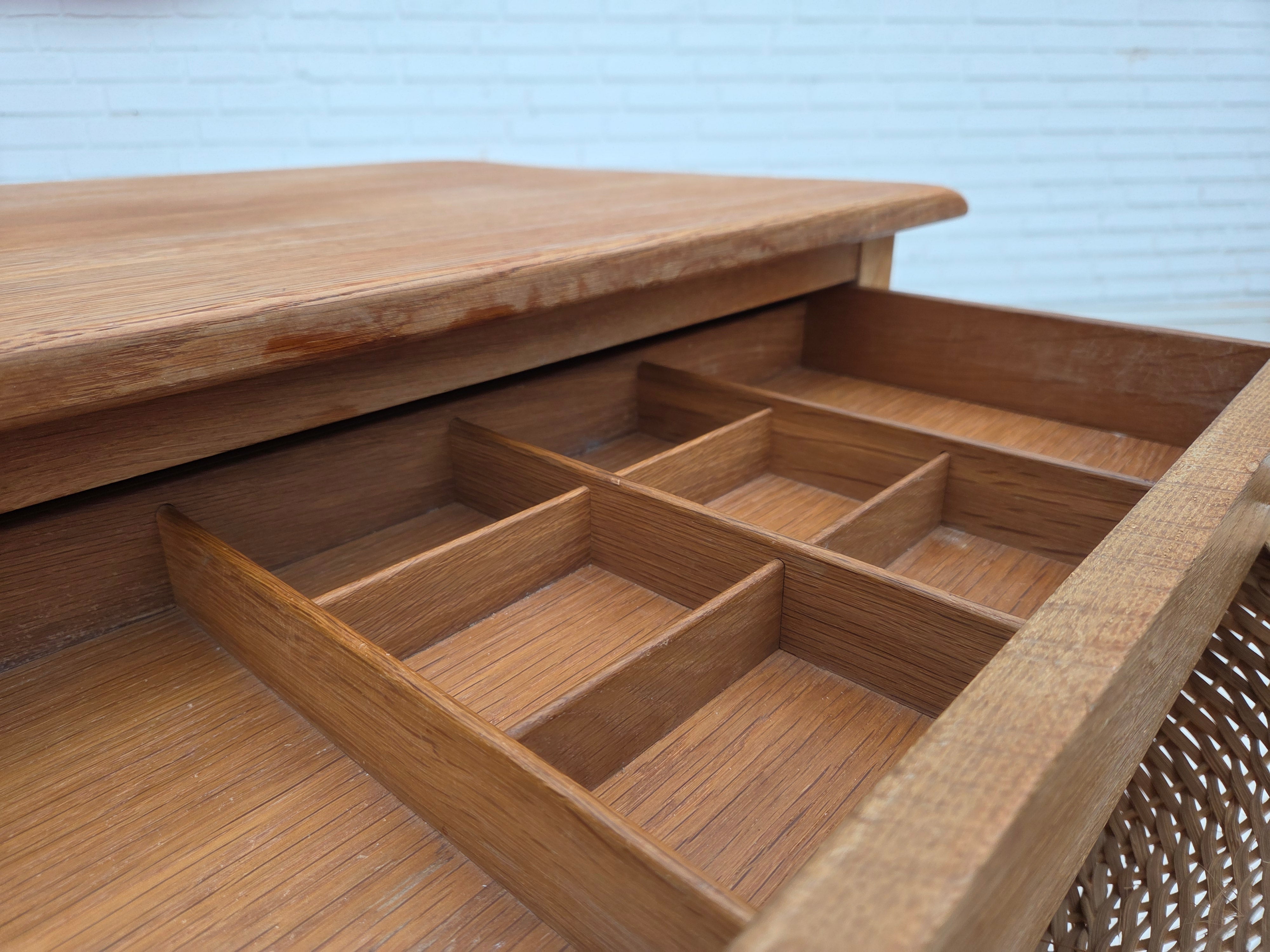 Danish_Mid-Century_Modern_Solid_Oak_Table_with_Drawers_and_Rattan_Details,_circa_1965-1970