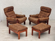 Set_of_Swedish_Armchair_with_Footstool_in_Brown_Leather_and_Dark_Beech,_Scandinavian_Design,_1970s
