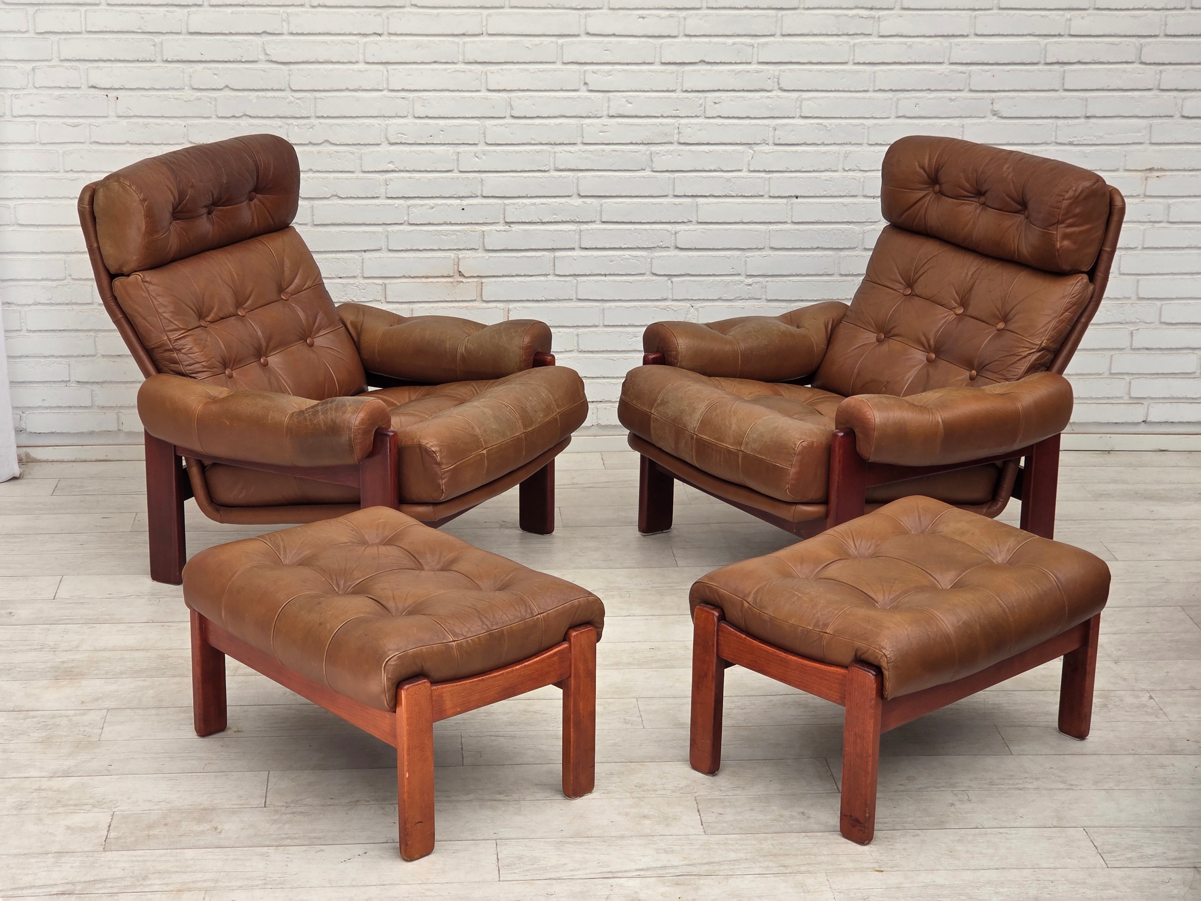 Set_of_Swedish_Armchair_with_Footstool_in_Brown_Leather_and_Dark_Beech,_Scandinavian_Design,_1970s