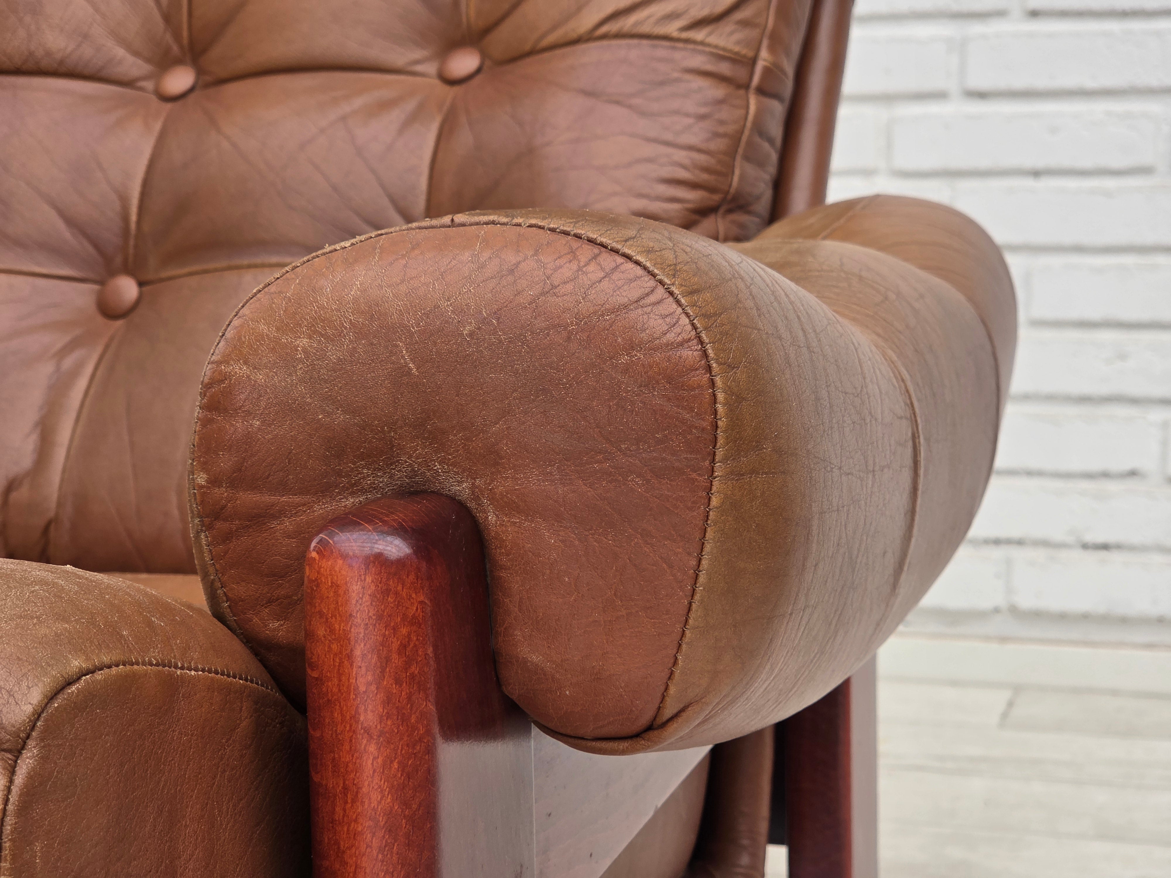 Set_of_Swedish_Armchair_with_Footstool_in_Brown_Leather_and_Dark_Beech,_Scandinavian_Design,_1970s