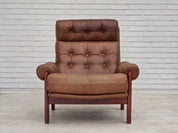 Set_of_Swedish_Armchair_with_Footstool_in_Brown_Leather_and_Dark_Beech,_Scandinavian_Design,_1970s