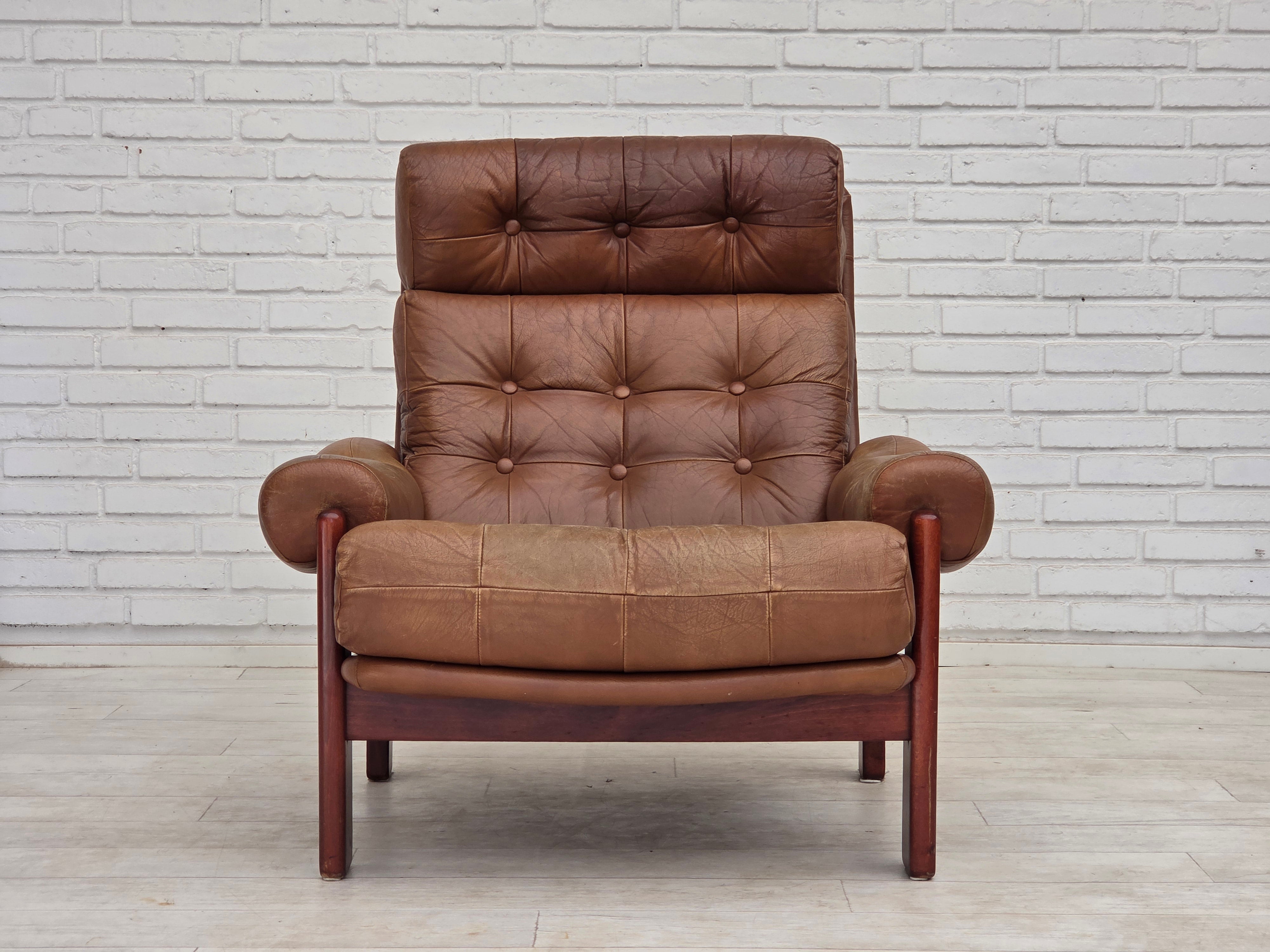 Set_of_Swedish_Armchair_with_Footstool_in_Brown_Leather_and_Dark_Beech,_Scandinavian_Design,_1970s