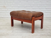 Set_of_Swedish_Armchair_with_Footstool_in_Brown_Leather_and_Dark_Beech,_Scandinavian_Design,_1970s
