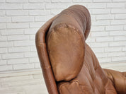 Set_of_Swedish_Armchair_with_Footstool_in_Brown_Leather_and_Dark_Beech,_Scandinavian_Design,_1970s